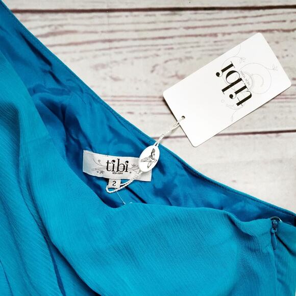 NWT TIBI One Shoulder Silk Chiffon Draped Cocktail Dress Turquoise 2 - Picture 3 of 8